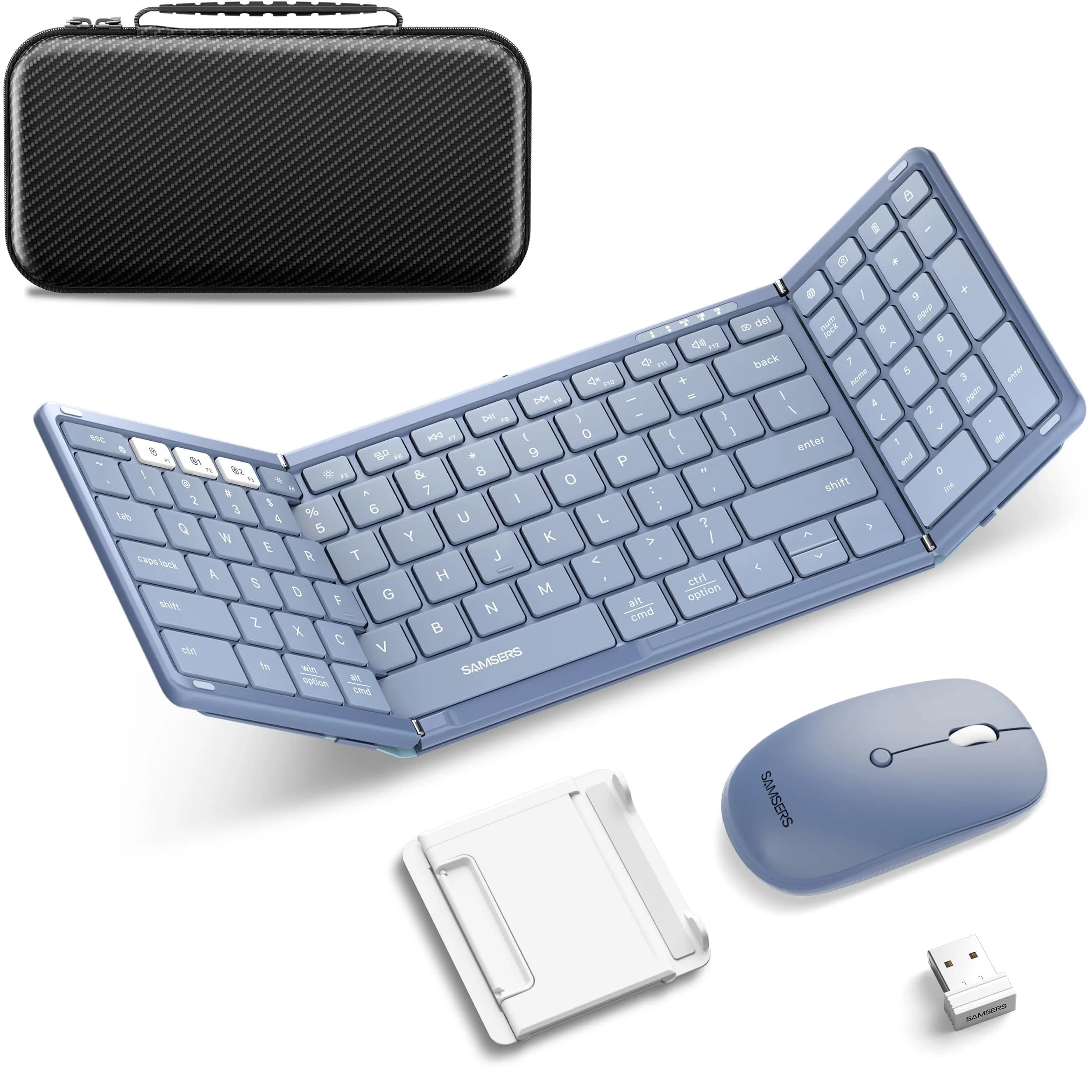 Samsers Foldable Keyboard and Mouse Combo, Full-Size Portable Travel Keyboard & Rechargeable Wireless Mouse | Bluetooth 5.0 + 2.4G — Light Blue