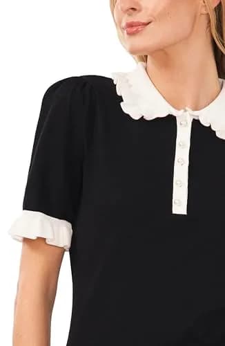 CeCe Short Sleeve Contrast Collar Polo Sweater Rich Black X-Small | Modern Style Staple thumbnail 2