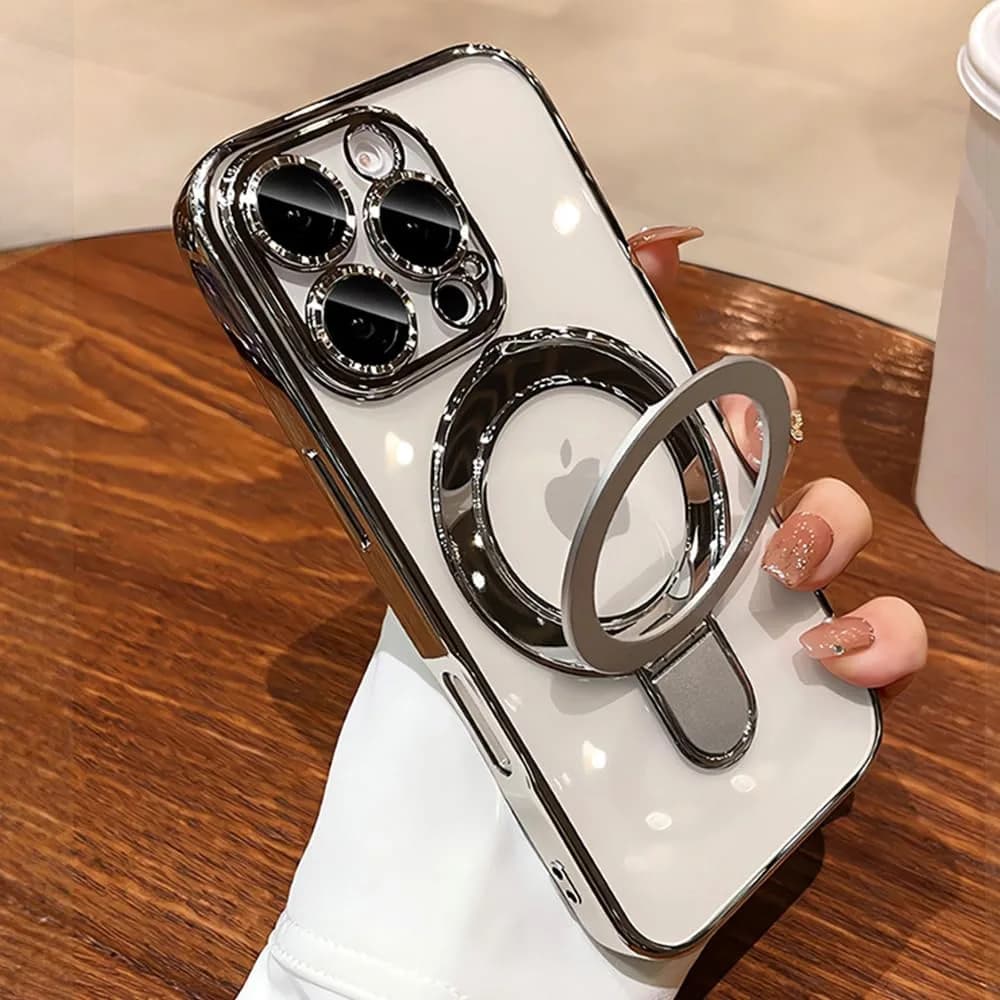 Omio Magnetic Invisible Stand Case for iPhone 16 Pro Max 6.9 inch | Clear Plating Soft Shockproof with Camera Lens Protector — Silver Titanium