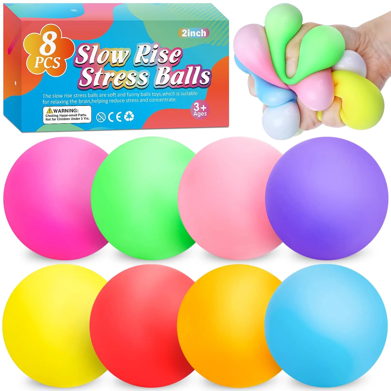 VISCOO 8 Pack Slow Rising Stress Balls, 5 cm (2 Inch) | Non-Toxic TPR for Anxiety Relief — 2 in - 8 Colors