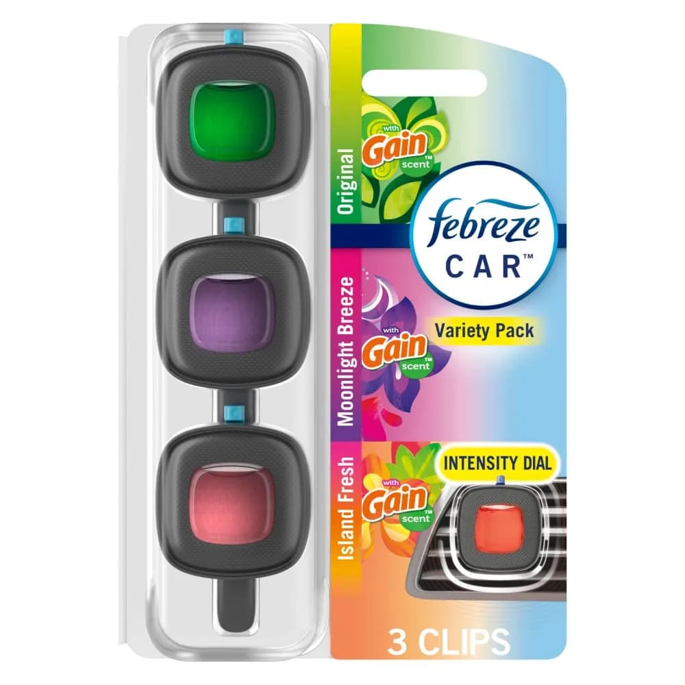 Febreze Car Vent Clip Gain Moonlight Breeze Scent 0.06 Fl Oz (Pack of 3) | Long-lasting freshness for Indian cars — Mixed Gain Scent