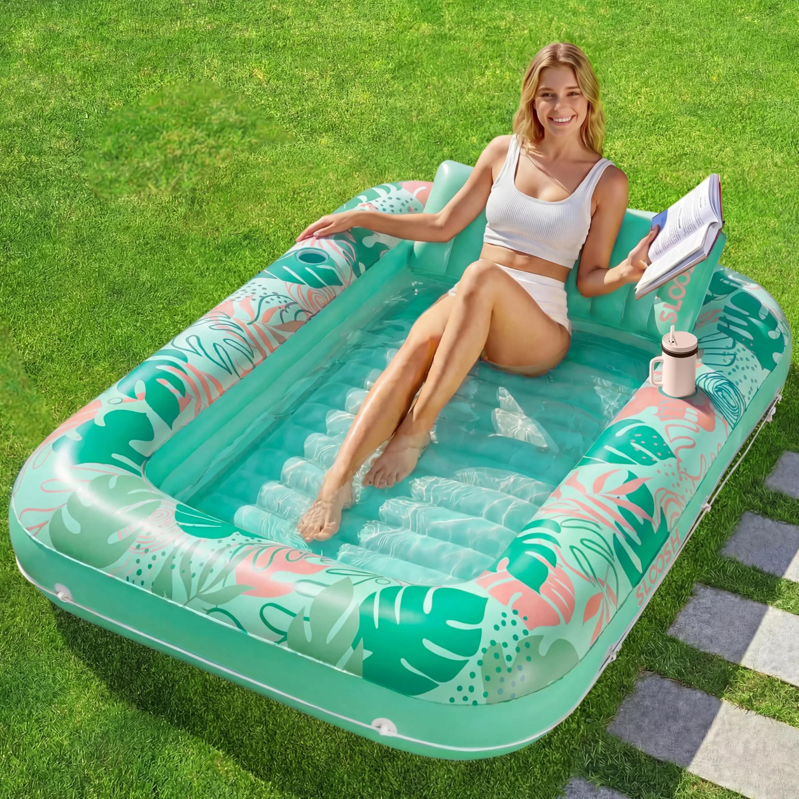 Sloosh Inflatable Tanning Pool Lounger Float 203cm x 117cm (80" x 46") | Personal Sunbathing Oasis with Pillow & Drink Holders