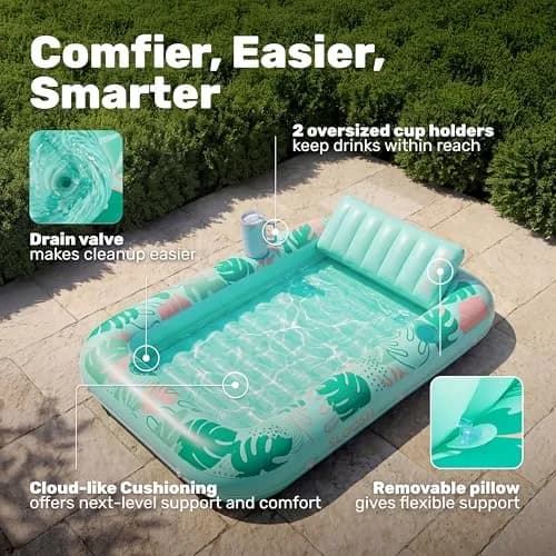 Sloosh Inflatable Tanning Pool Lounger Float 203cm x 117cm (80" x 46") | Personal Sunbathing Oasis with Pillow & Drink Holders thumbnail 4