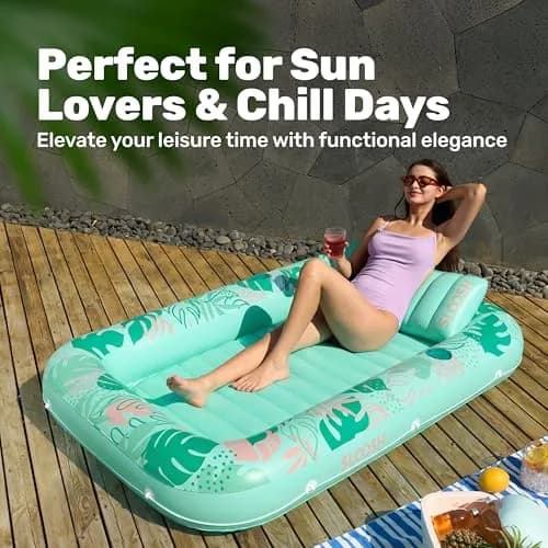 Sloosh Inflatable Tanning Pool Lounger Float 203cm x 117cm (80" x 46") | Personal Sunbathing Oasis with Pillow & Drink Holders thumbnail 8