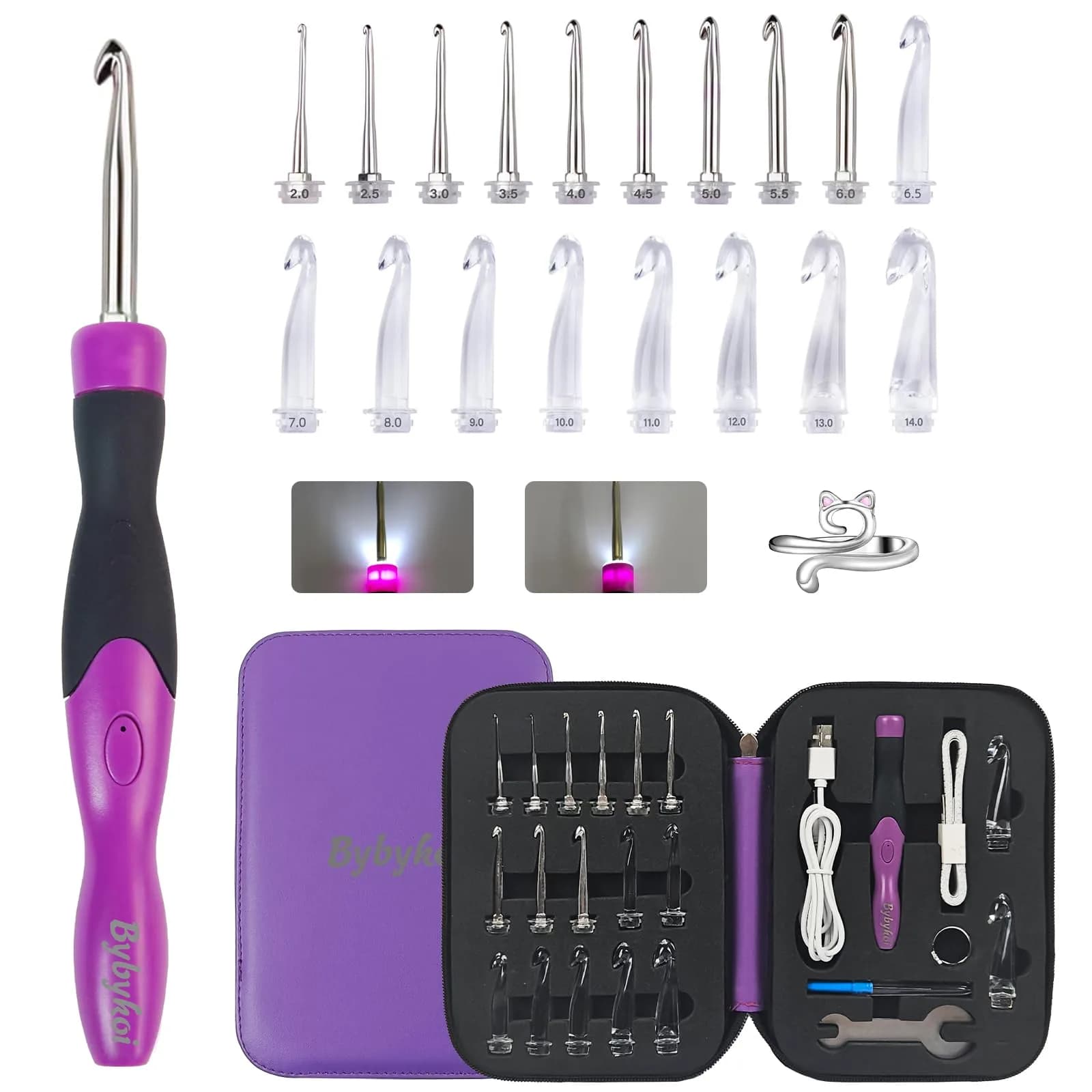 Bybykoi Light Up Crochet Hooks Set with Digital Counter & 24 Interchangeable Hooks | 2.0-14.0 mm (Metric Conversion) — Purple - Glowing 18 Size