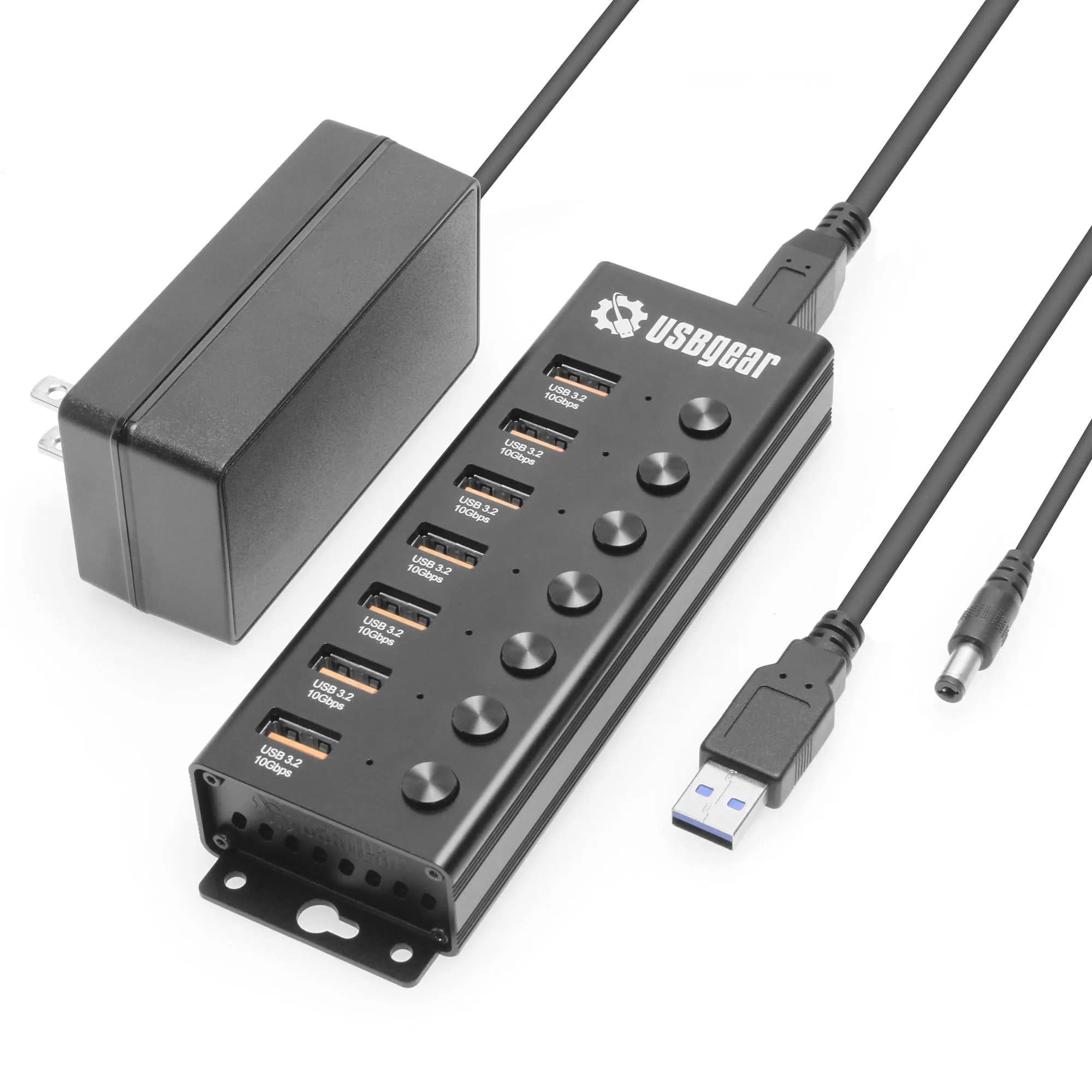 USBGear 7-Port USB 3.2 Gen 1 Hub with 5V/4A Power Adapter | 5Gbps SuperSpeed Data Transfer — 7 Port Hub w/Power Switches
