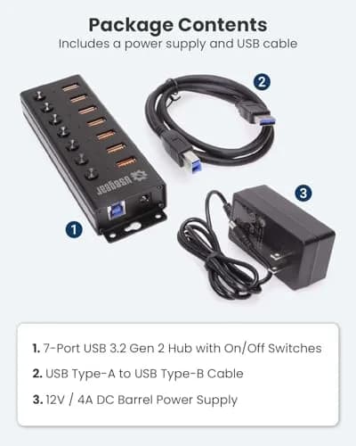 USBGear 7 Port USB 3.2 Hub – 10Gbps 48W Charging Hub with Individual On/Off USB Ports for Laptop, PC, Desktop, 12V/4A Power Adapter (3ft), Computer Accessories thumbnail 6