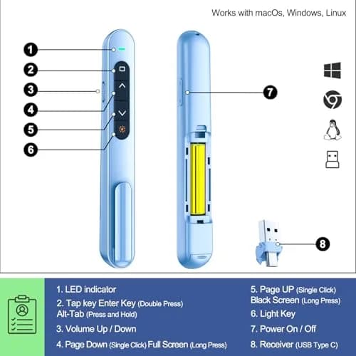 QUI Presentation Clicker with Volume Control, Wireless Presenter Remote, Blue | 328ft Wireless Range thumbnail 4
