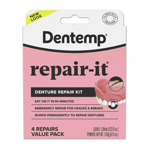 Dentemp Repair-It Advanced Formula Denture Repair Kit 4 Repairs (3.84ml / 0.032kg) | Fixes Cracks, Replaces Loose Teeth thumbnail 1