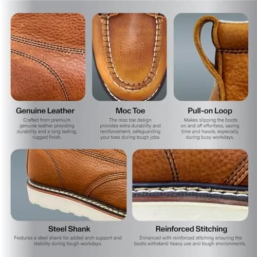 EVER BOOTS Moc Toe Work Boots for Men, Lightweight Leather Construction, Steel Shank, US 12 (Brown) | Goodyear Welted Industrial Safety Footwear thumbnail 6