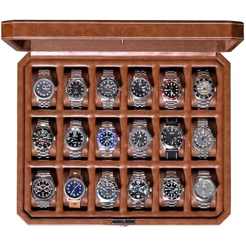 ROTHWELL 18-Slot Watch Case – Luxury Watch Box for Men, Real Glass Top, Lockable, Elegant Display for Collections (Tan/Brown) thumbnail 1