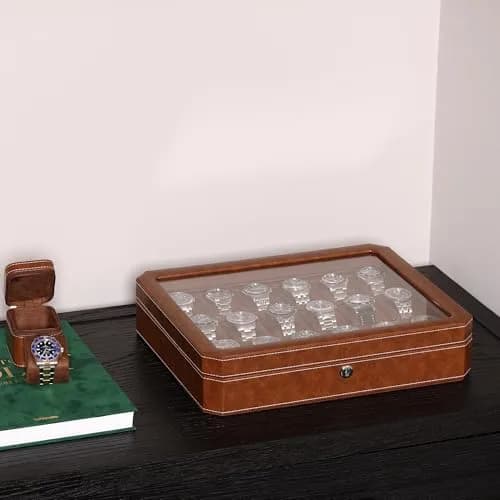 ROTHWELL 18-Slot Watch Case – Luxury Watch Box for Men, Real Glass Top, Lockable, Elegant Display for Collections (Tan/Brown) thumbnail 5