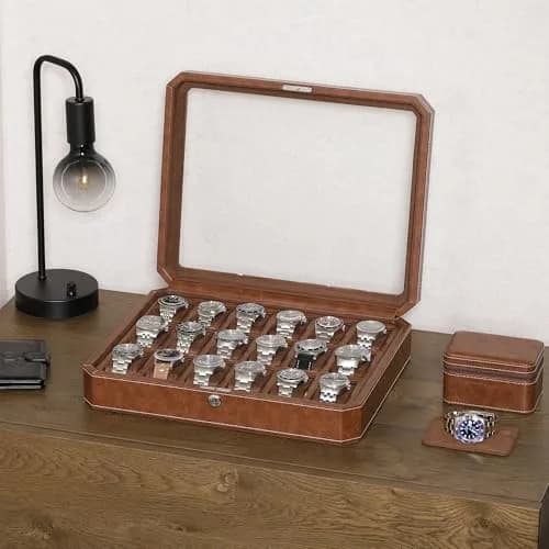 ROTHWELL 18-Slot Watch Case – Luxury Watch Box for Men, Real Glass Top, Lockable, Elegant Display for Collections (Tan/Brown) thumbnail 2