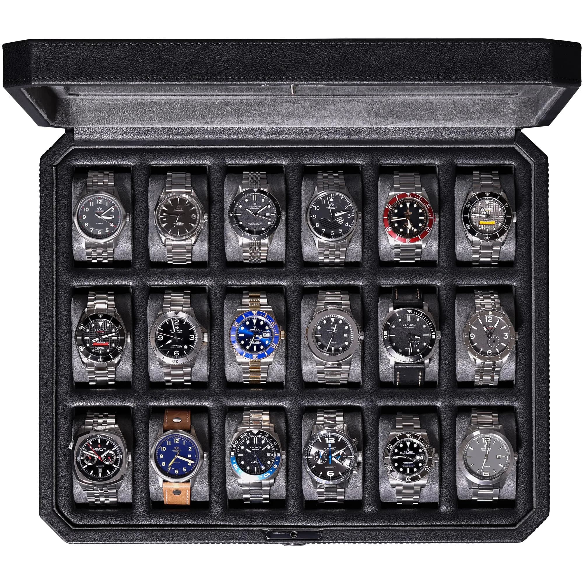 ROTHWELL 18-Slot Watch Case – Luxury Watch Box for Men, Real Glass Top, Lockable, Elegant Display for Collections (Tan/Brown) — 18 Slot -Black / Grey