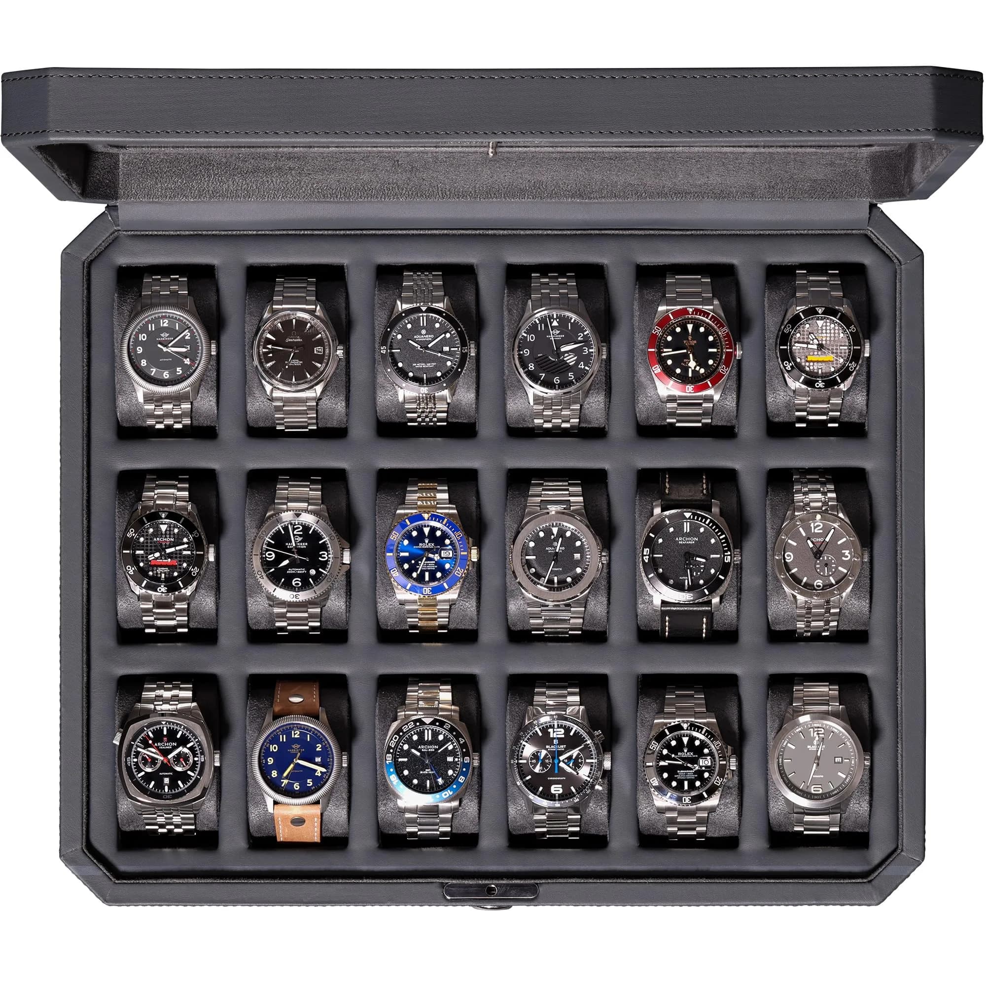 ROTHWELL 18-Slot Watch Case – Luxury Watch Box for Men, Real Glass Top, Lockable, Elegant Display for Collections (Tan/Brown) — 18 Slot - Carbon