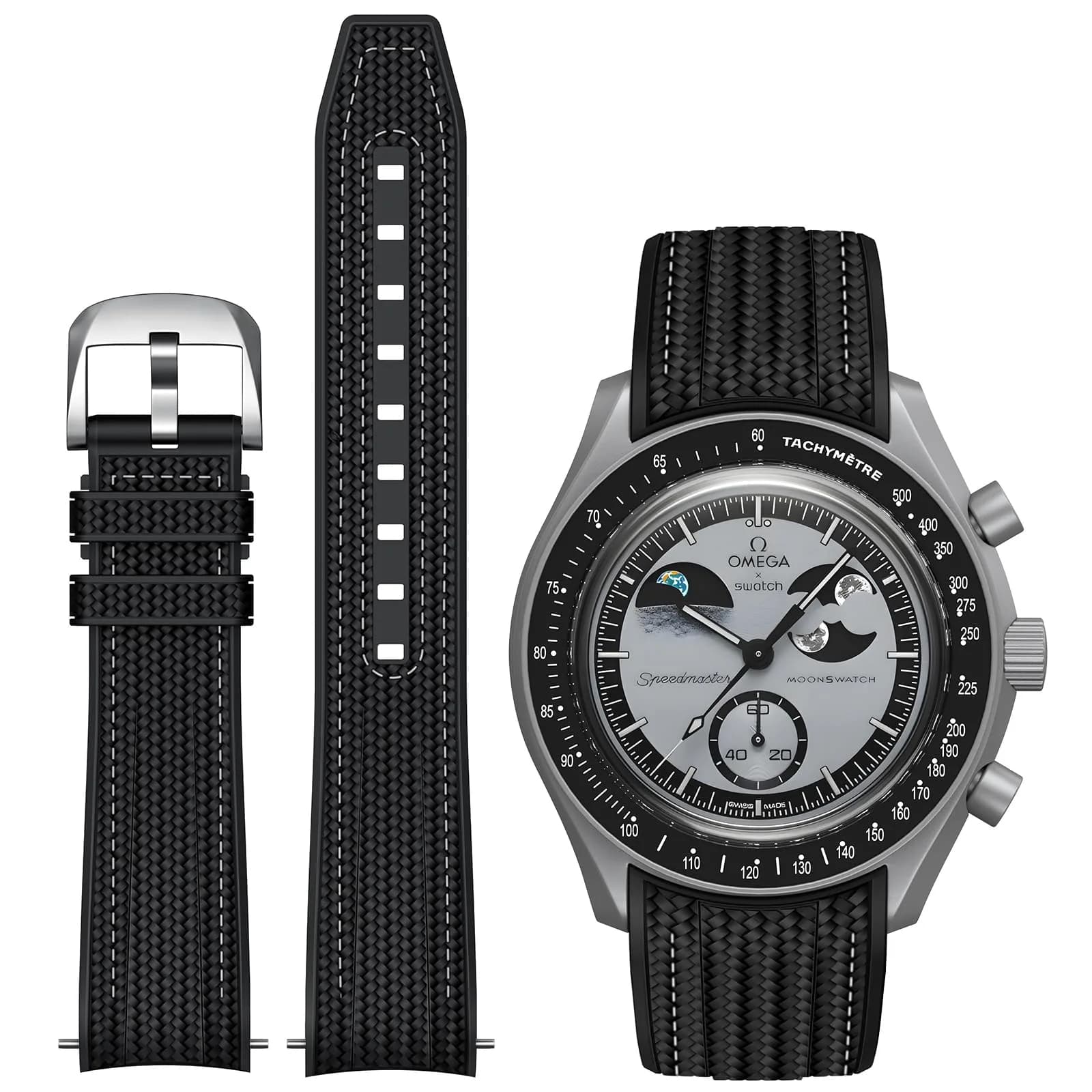 REBANDACE Silicone Watch Strap for Omega x Swatch Moonswatch 20mm | Curved No-Gap Design, Adjustable Size — Black white line