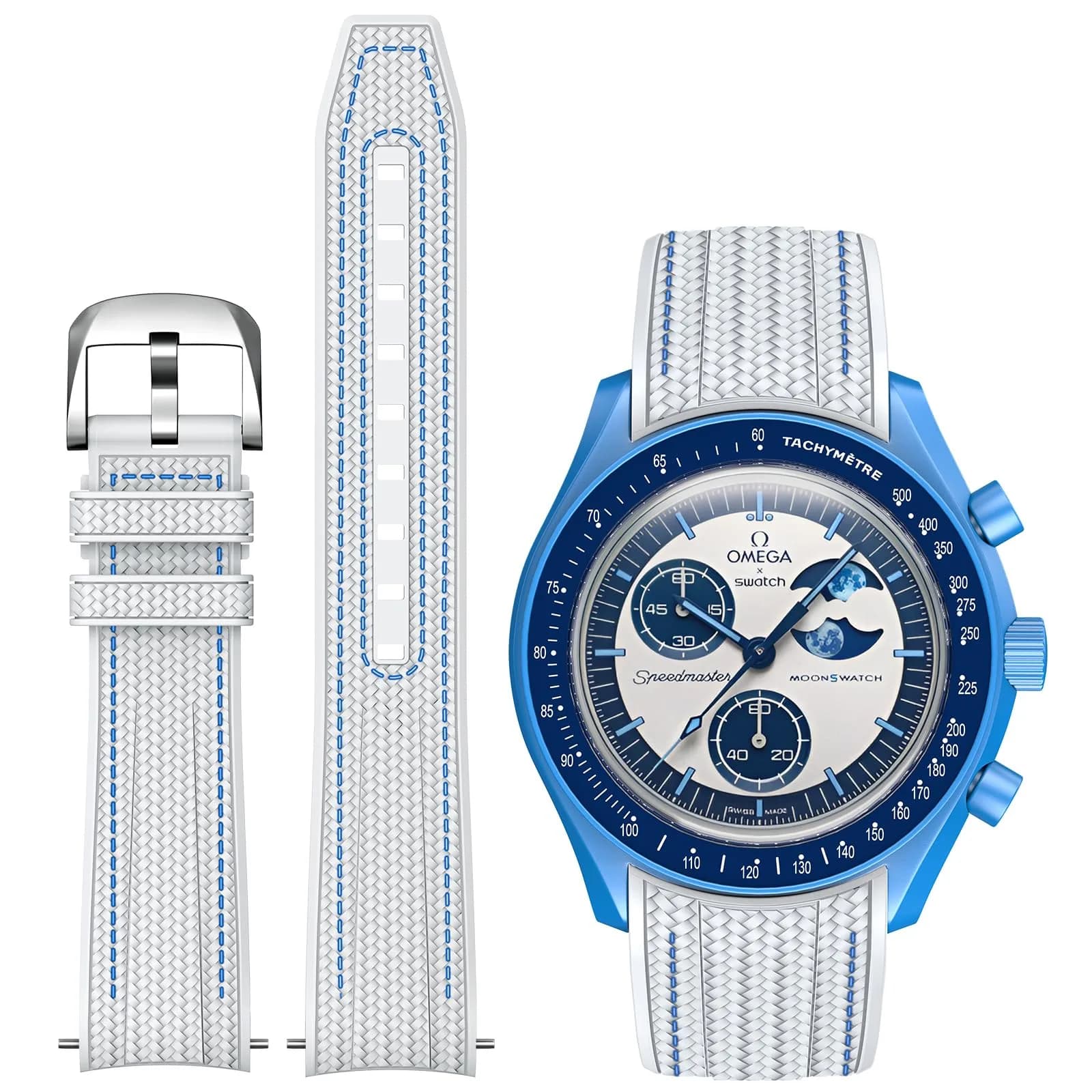 REBANDACE Silicone Watch Strap for Omega x Swatch Moonswatch 20mm | Curved No-Gap Design, Adjustable Size — White blue line