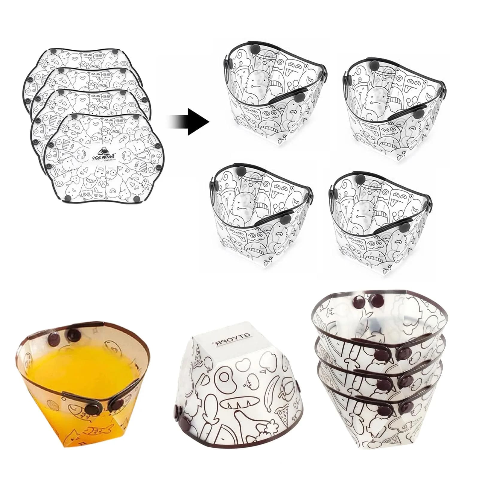 MIUPOO Collapsible Bowl Set, Portable Mess Kit, Food Grade Material, 7×5.5×3.5 Inches, 4 Pieces — Collapsible Cup / 4.7×4.2×3.2 Inches