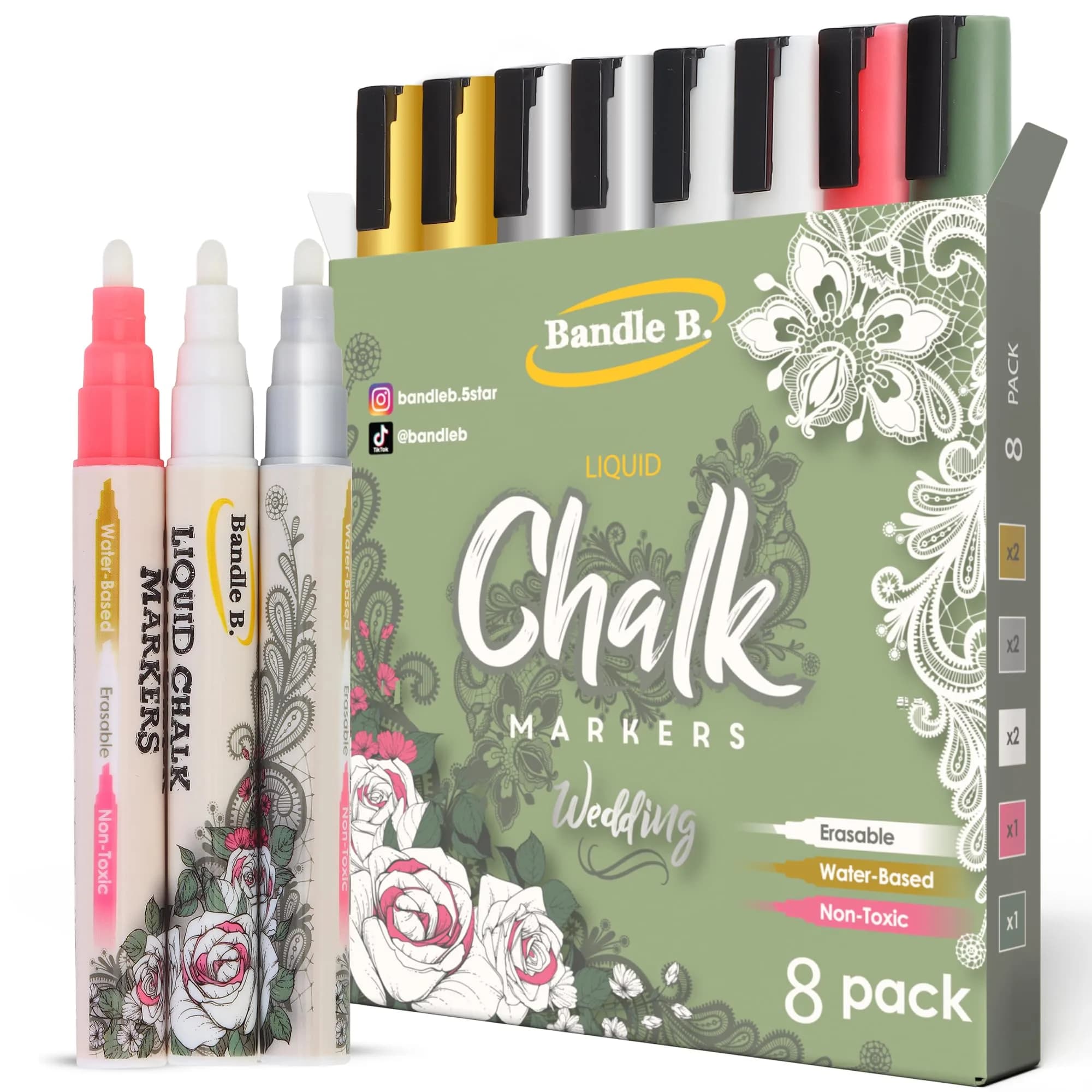 Bandle B. Wedding Edition Liquid Chalk Markers 8-Pack | Non-Toxic & Erasable for Special Events