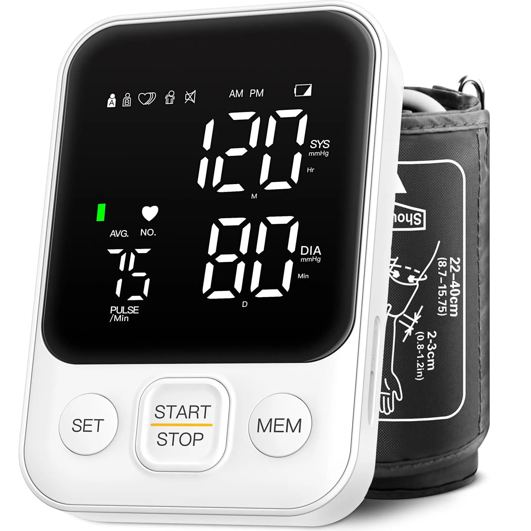 DOUHAO White Blood Pressure Monitor | Clinically Accurate, Store 2 x 120 Memory, Adjustable BP Cuff 22-40 cm, LED Backlight Display with Storage Bag
