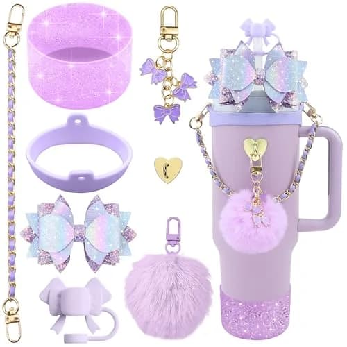 SEMATA Bling Bow Tumbler Accessories Set for Stanley Cup 30oz 40oz | Purple Y2K Style Glamour thumbnail 1