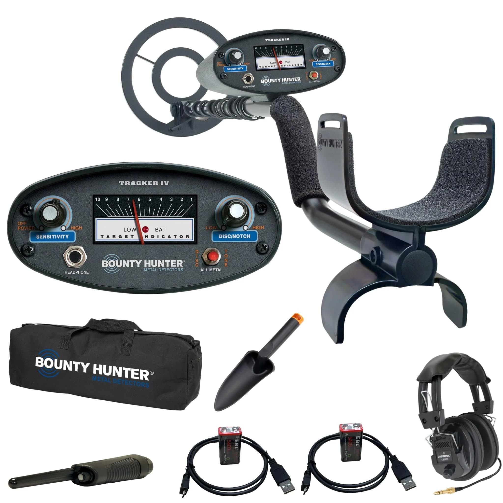 Bounty Hunter Tracker IV Metal Detector Bundle with Waterproof 8" Coil, Pinpointer, Trowel, Carry Bag, Headphones & Rechargeable Batteries | 2.8 lbs (1.27 kg)