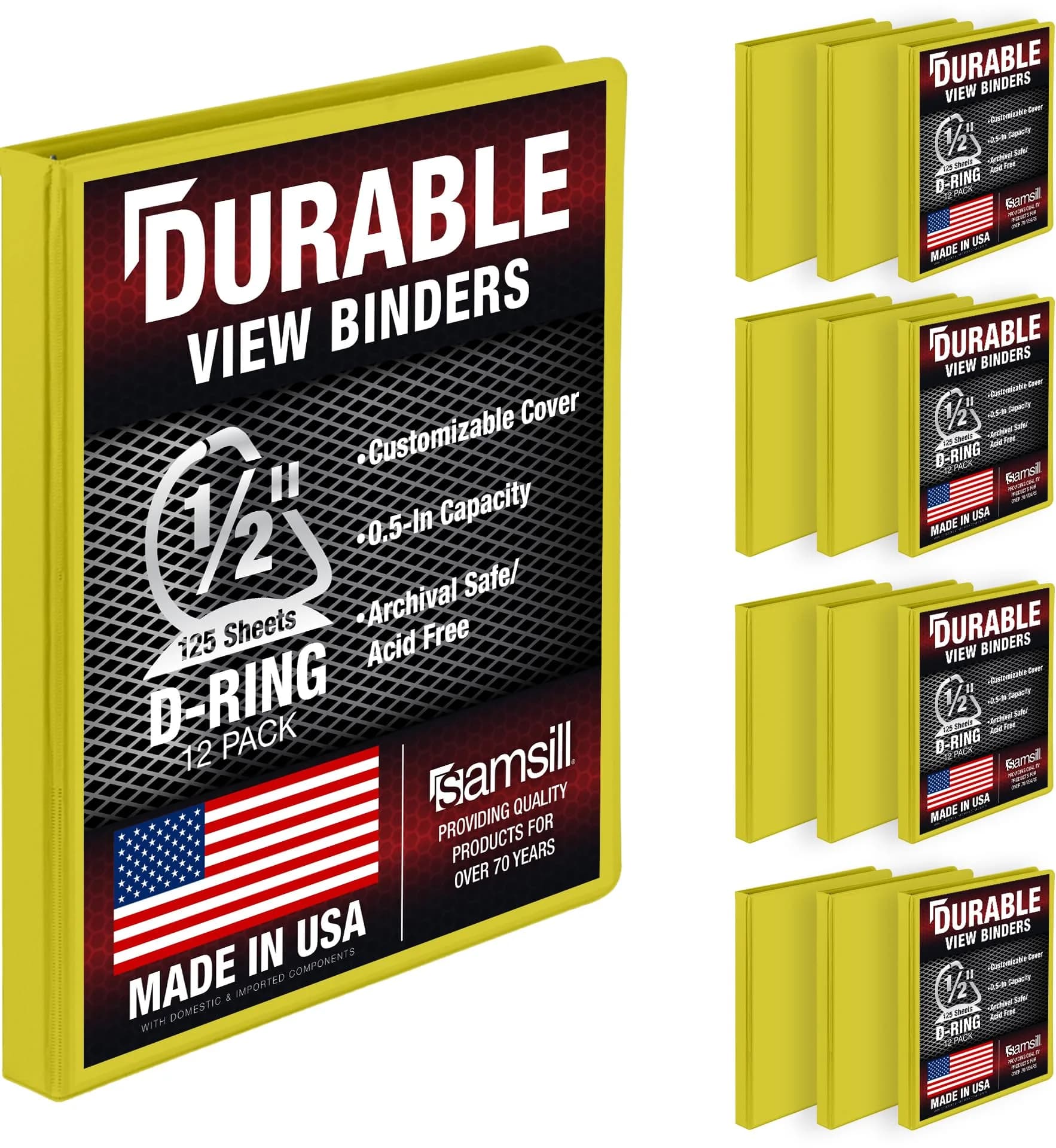 Samsill Yellow 12 Pack 0.5 Inch D-Ring Binder | Holds 125 Sheets, Recycled Chipboard — 0.5 in