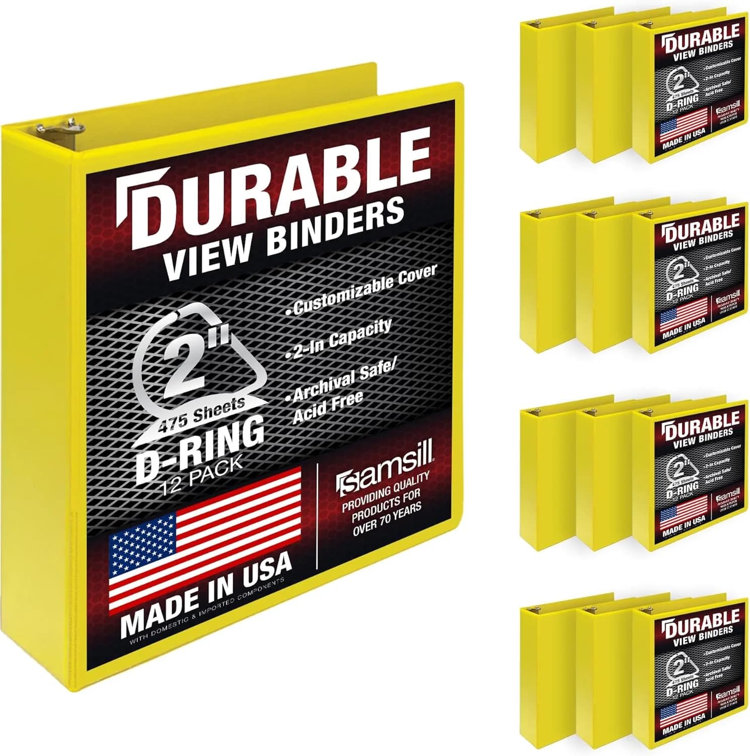 Samsill Durable 5.1cm (2 inch) 3 Ring Binder, D Ring Binder, 12 Pack Yellow | Recycled Chipboard for Office & School