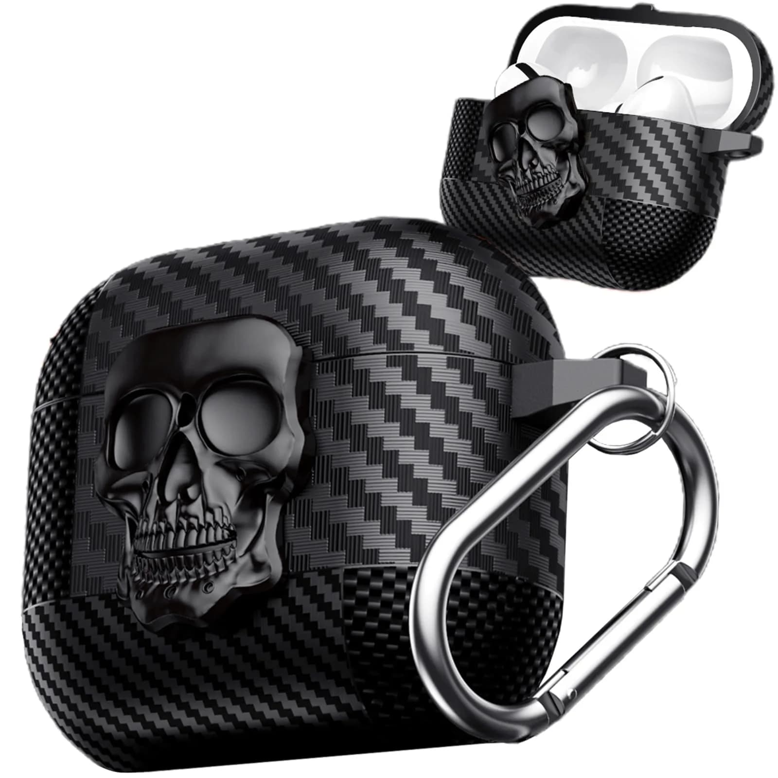 Fofvccv Black Skull Lock Case for AirPods 5/4 (TPU+PC) | 3D Skull Lock & Carabiner — Black