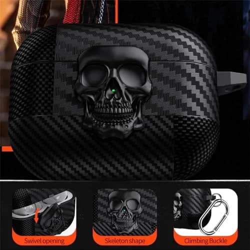 Fofvccv Black Skull Lock Case for AirPods 5/4 (TPU+PC) | 3D Skull Lock & Carabiner thumbnail 6