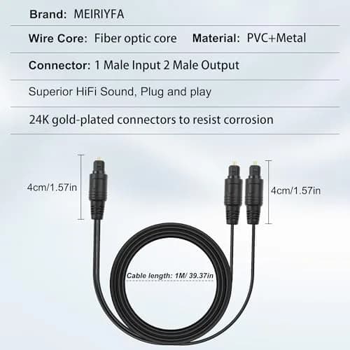 MEIRIYFA Digital Optical Splitter Adapter Cable 1 in 2 Out | Supports 5.1-7.1 Surround Sound, 1M Length thumbnail 6