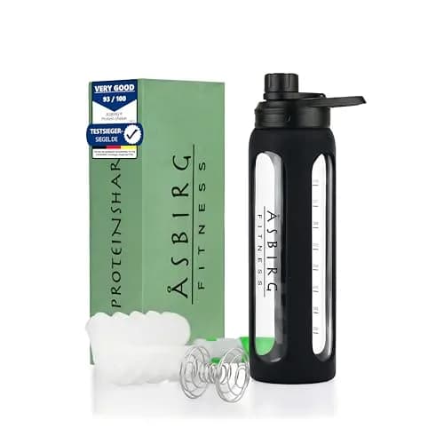 Asbirg 2.0 | 35 oz Glass Protein Shaker Bottle – BPA-Free, Leakproof Lid, Stainless Steel Mixing Ball & Silicone Sleeve – Gym Shaker for Smoothies, Shakes & Pre-Workout | Black thumbnail 1