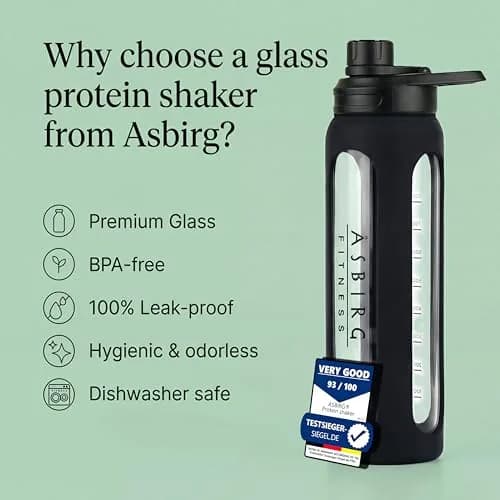 Asbirg 2.0 | 35 oz Glass Protein Shaker Bottle – BPA-Free, Leakproof Lid, Stainless Steel Mixing Ball & Silicone Sleeve – Gym Shaker for Smoothies, Shakes & Pre-Workout | Black thumbnail 2
