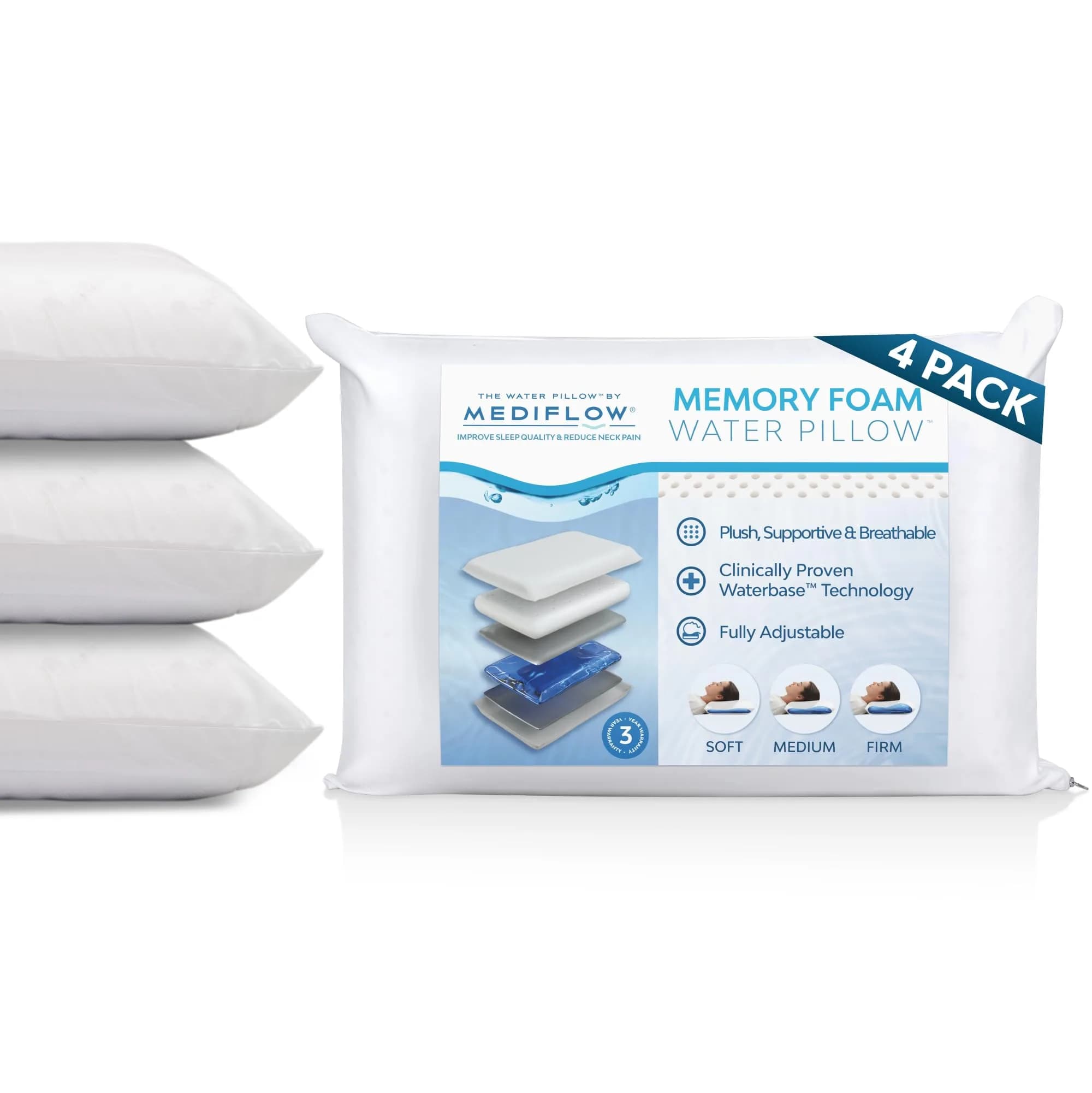 Mediflow Water Pillow Memory Foam Water Base Technology | Adjustable Neck Support — Family Pack (4 Pillows)
