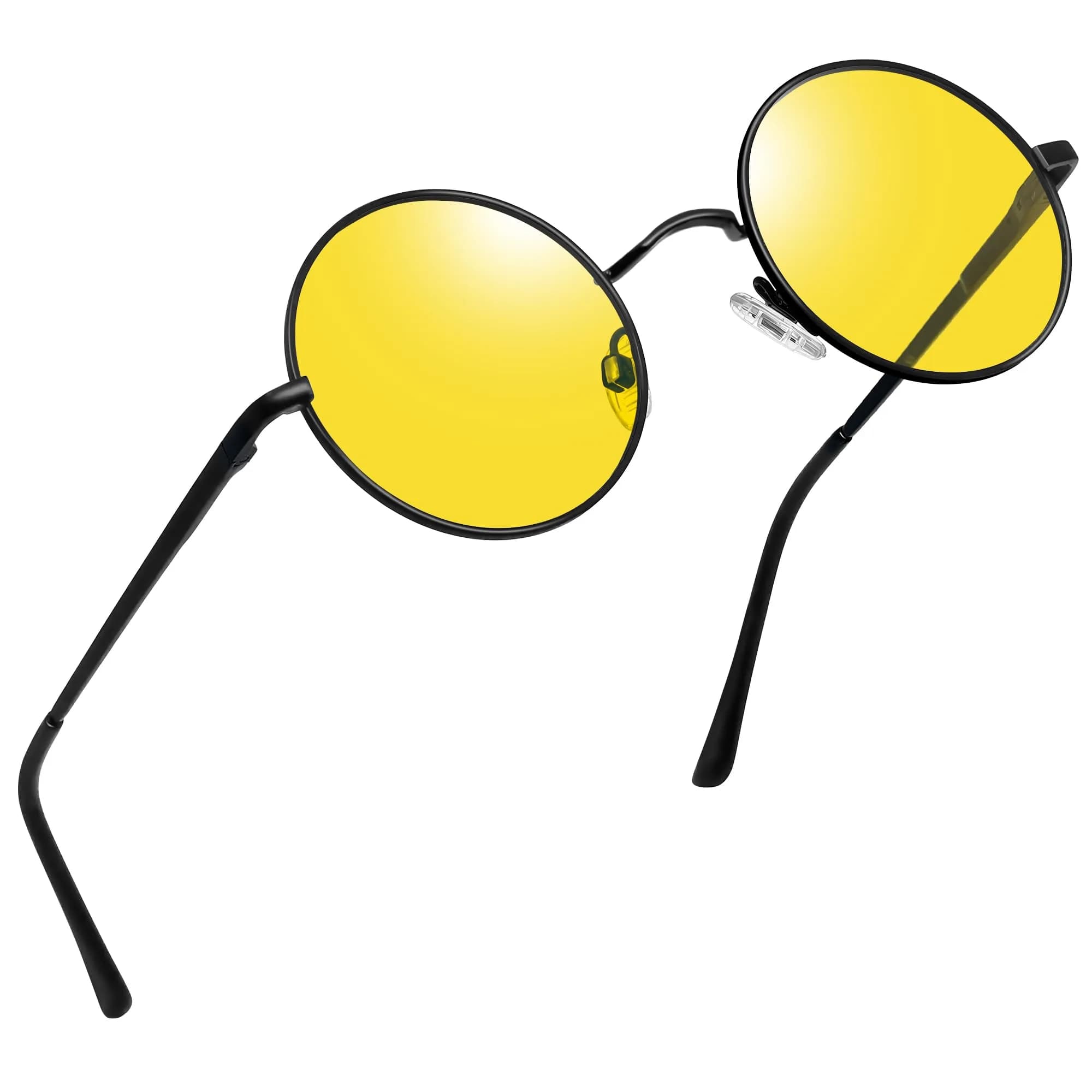 Joopin Small Round Night Vision Glasses Hippie Metal Anti Glare Night Driving UV400 Protection Yellow Shades for Men Women — Black Yellow