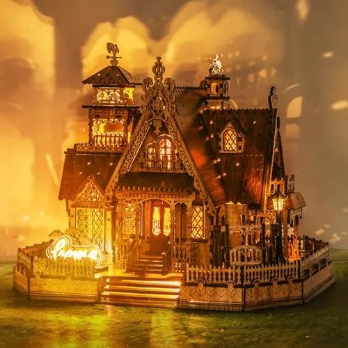 FUNPOLA 3D Wood Puzzle Countryside Cottage Model - DIY Miniature Building Kit with Spark LED Lights | Rustic Home Décor Gift thumbnail 1