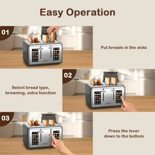 Mecity 4 Slice Smart Toaster with Touch Screen Control, 28.4cm (11.2in) Wide Slots, Pearl Grey | Dual Panel Toasting for Bagels, Muffins, Waffles thumbnail 6
