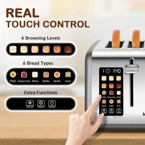 Mecity 4 Slice Smart Toaster with Touch Screen Control, 28.4cm (11.2in) Wide Slots, Pearl Grey | Dual Panel Toasting for Bagels, Muffins, Waffles thumbnail 2
