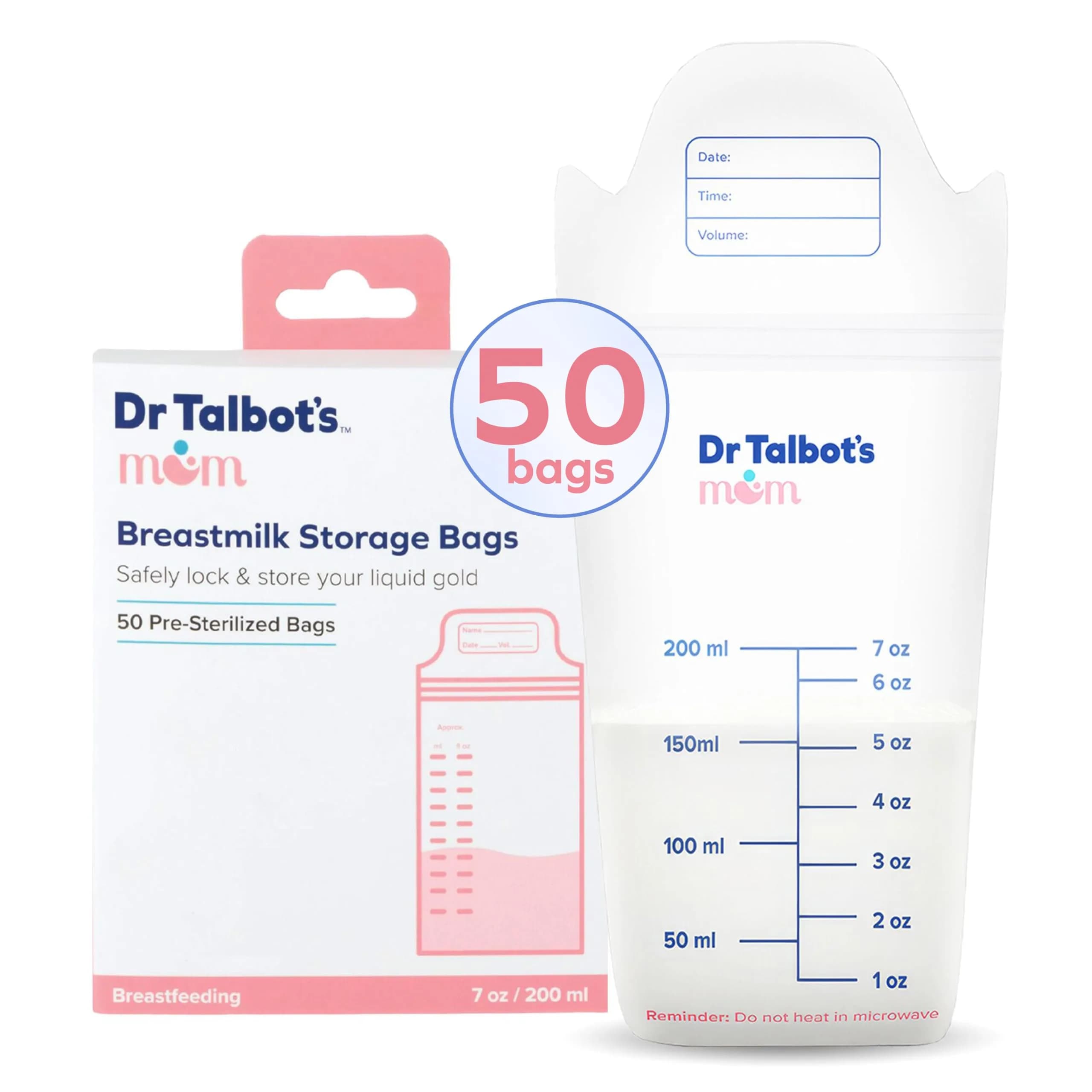 Dr. Talbot's Mom Breastmilk Storage Bags (50 Count, 8oz/240ml) | Puncture-Resistant & Freezer-Safe — Clear