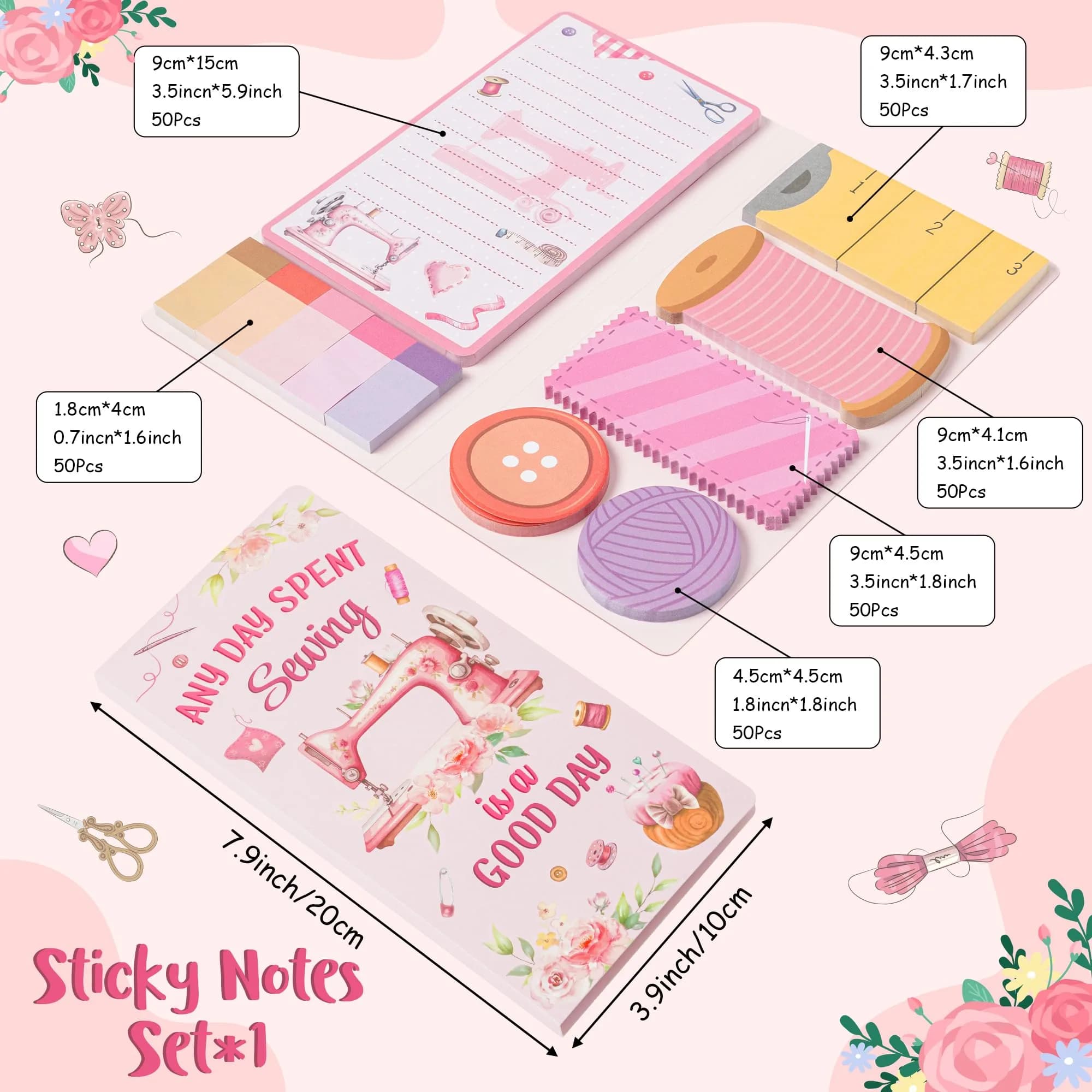 Xqumoi Retro Sewing Sticky Notes Set - Any Day Spent Sewing is A Good Day, Pink (550 Sheets) thumbnail 2