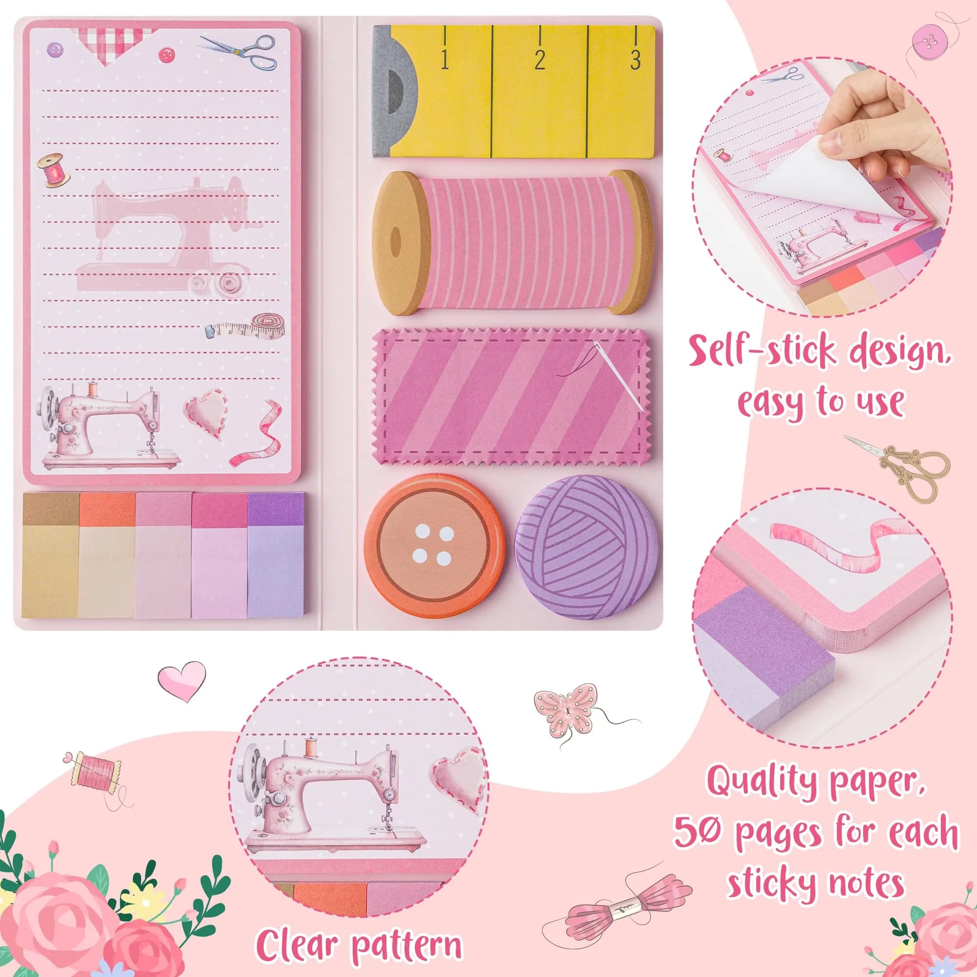 Xqumoi Retro Sewing Sticky Notes Set - Any Day Spent Sewing is A Good Day, Pink (550 Sheets) thumbnail 3