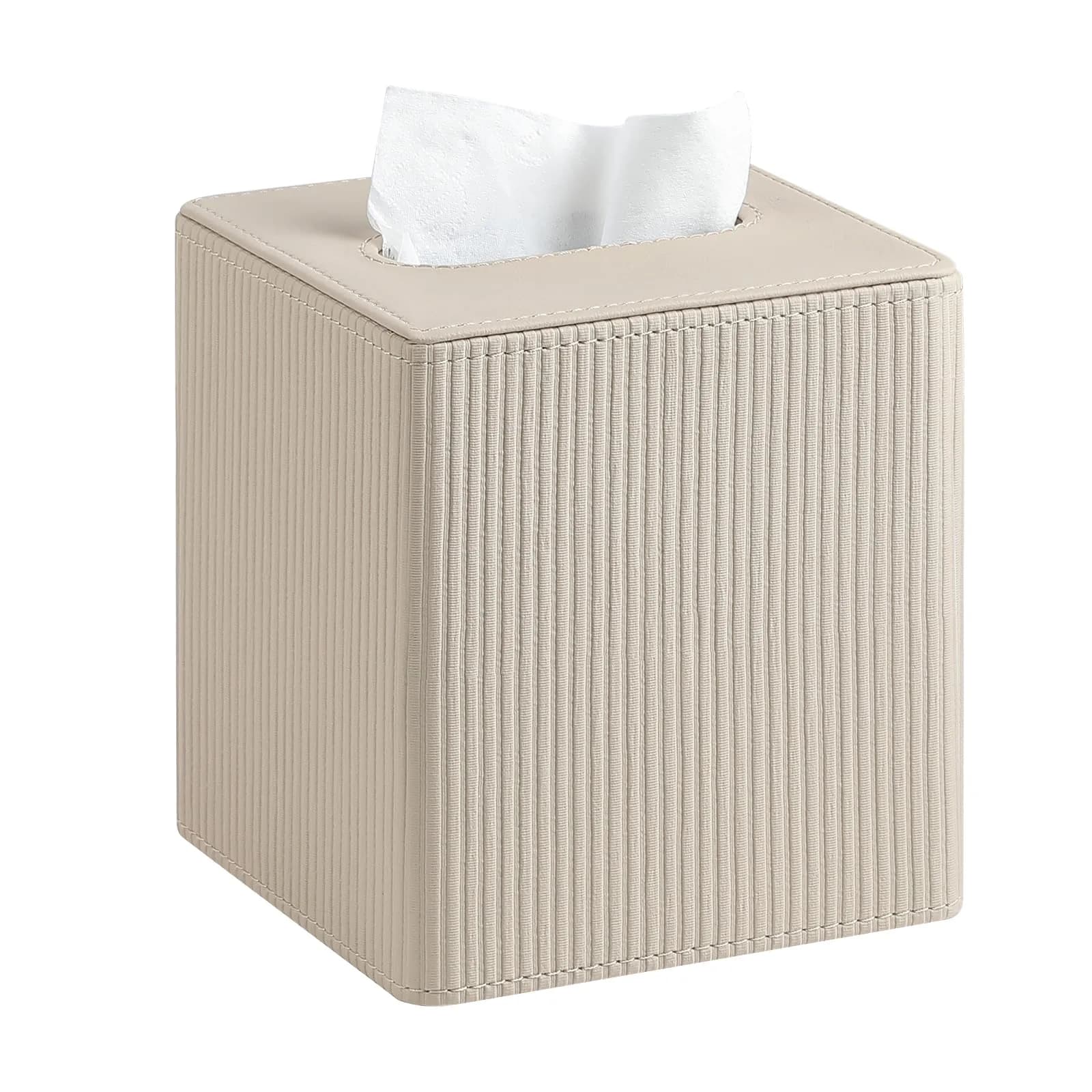 Cretkhp PU Leather Square Tissue Box Cover Beige | Modern Magnetic Closure for Bathrooms & Desks