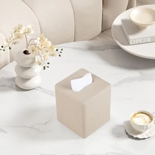Cretkhp PU Leather Square Tissue Box Cover Beige | Modern Magnetic Closure for Bathrooms & Desks thumbnail 5