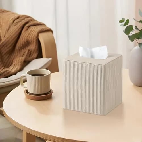 Cretkhp PU Leather Square Tissue Box Cover Beige | Modern Magnetic Closure for Bathrooms & Desks thumbnail 6