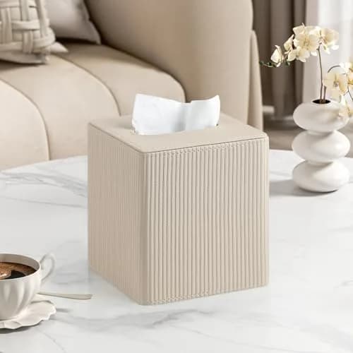 Cretkhp PU Leather Square Tissue Box Cover Beige | Modern Magnetic Closure for Bathrooms & Desks thumbnail 2