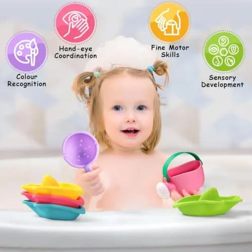 Fajiabao Mold-Free Baby Bath Toys 6-Piece Set | Stackable Shark Boats, Watering Can & Scoop for Toddlers Ages 1-3 thumbnail 6