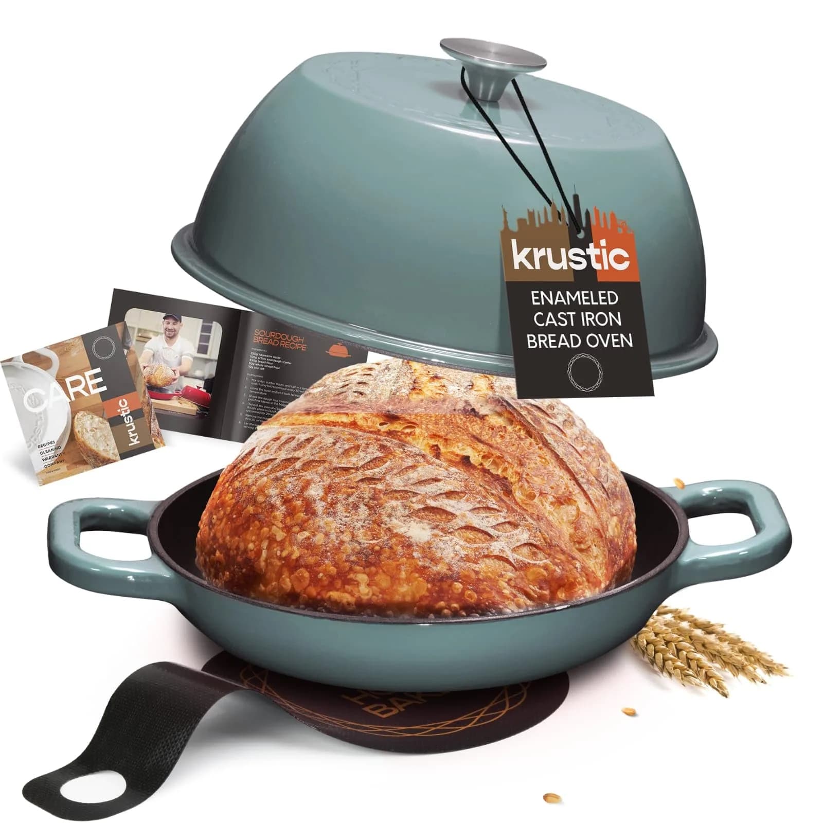 Krustic 6 Qt Enameled Cast Iron Dutch Oven for Sourdough Bread | 10 Inch Round Pot with Lid — Sea Salt