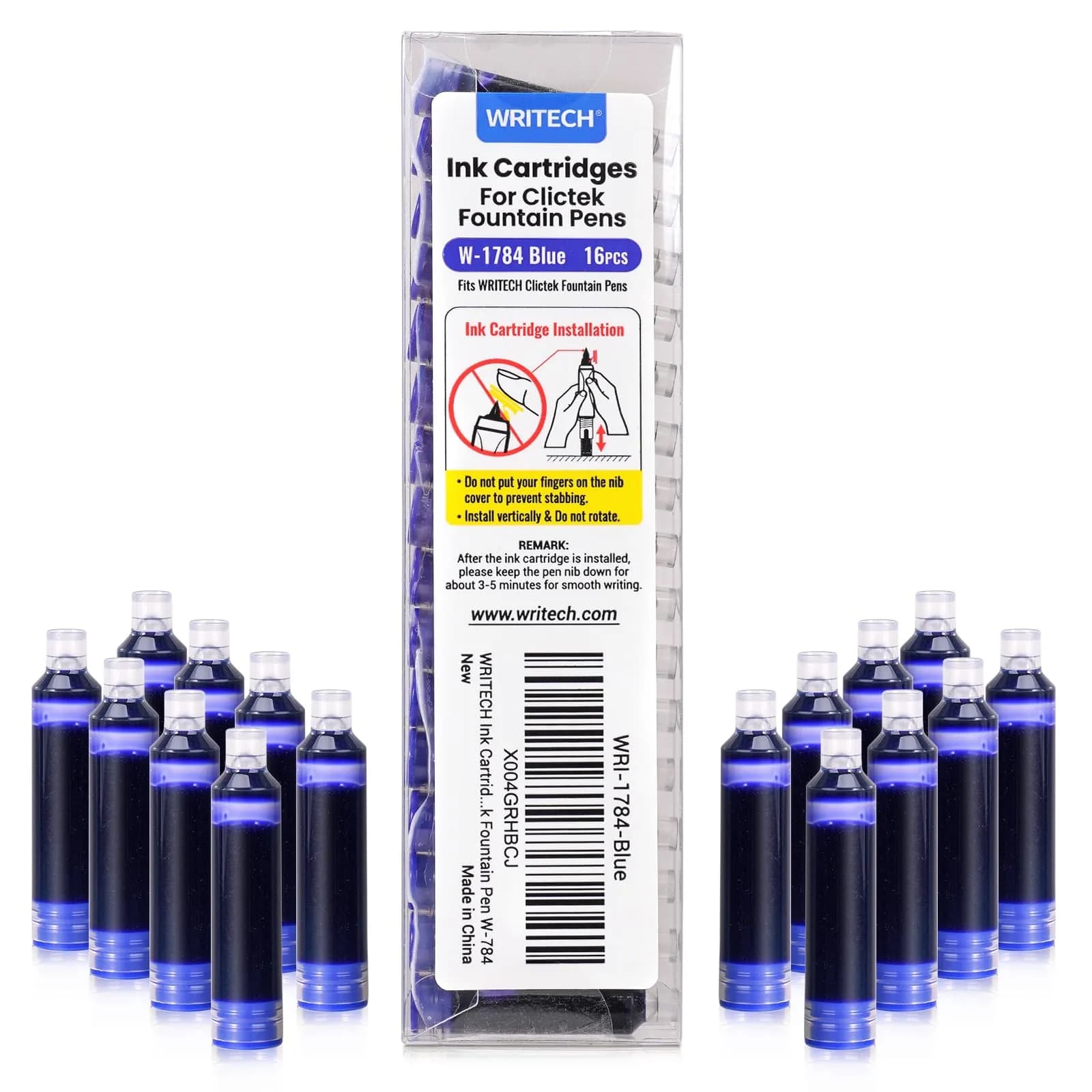 WRITECH W-1784 Cartridge Blue Ink 16ct | Smooth, Long-Lasting Fountain Pen Refill - main product image