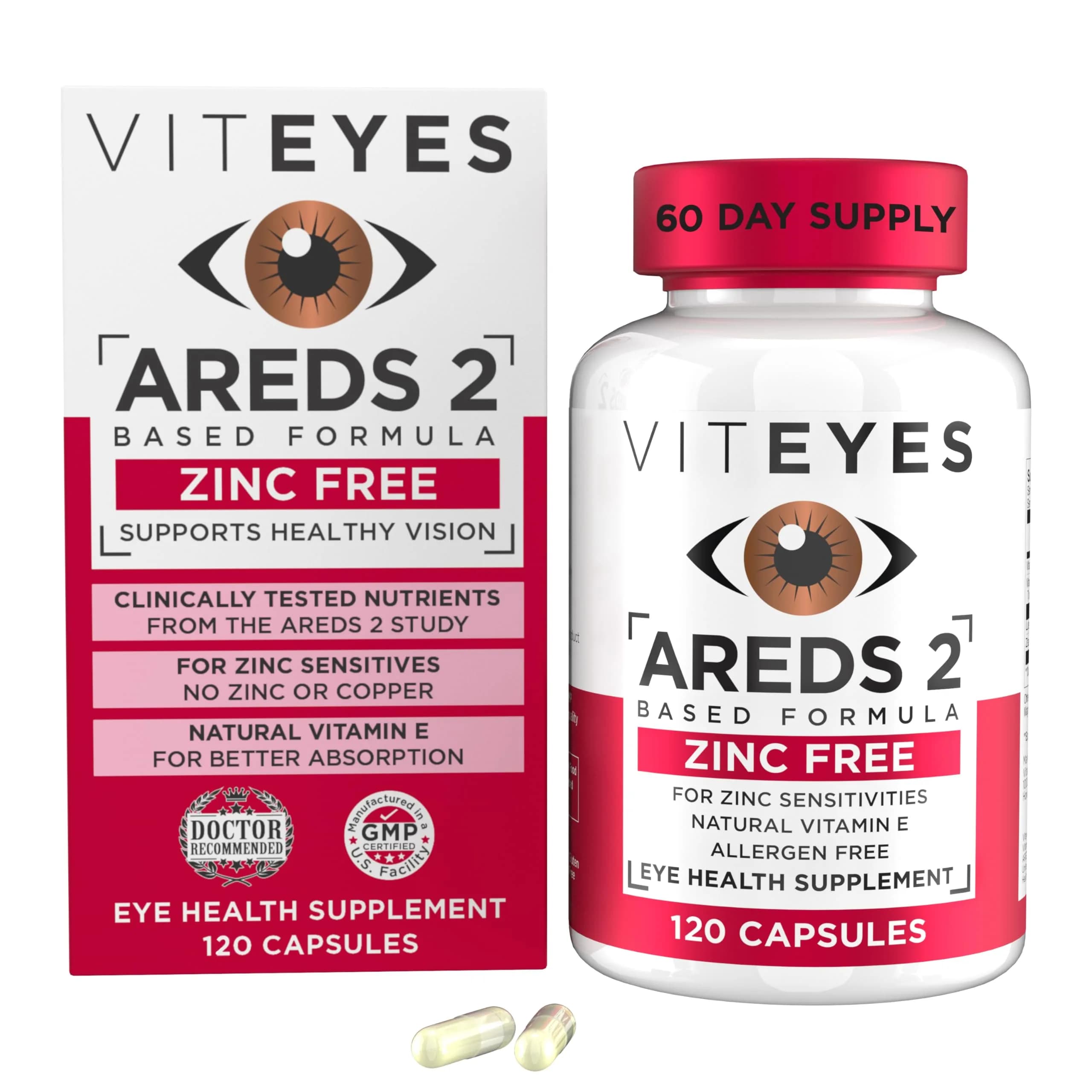 Viteyes AREDS 2 Zinc Free Macular Support Capsules 120 Ct | Eye Doctor Trusted, No Zinc, No Copper, Natural Vitamins - main product image