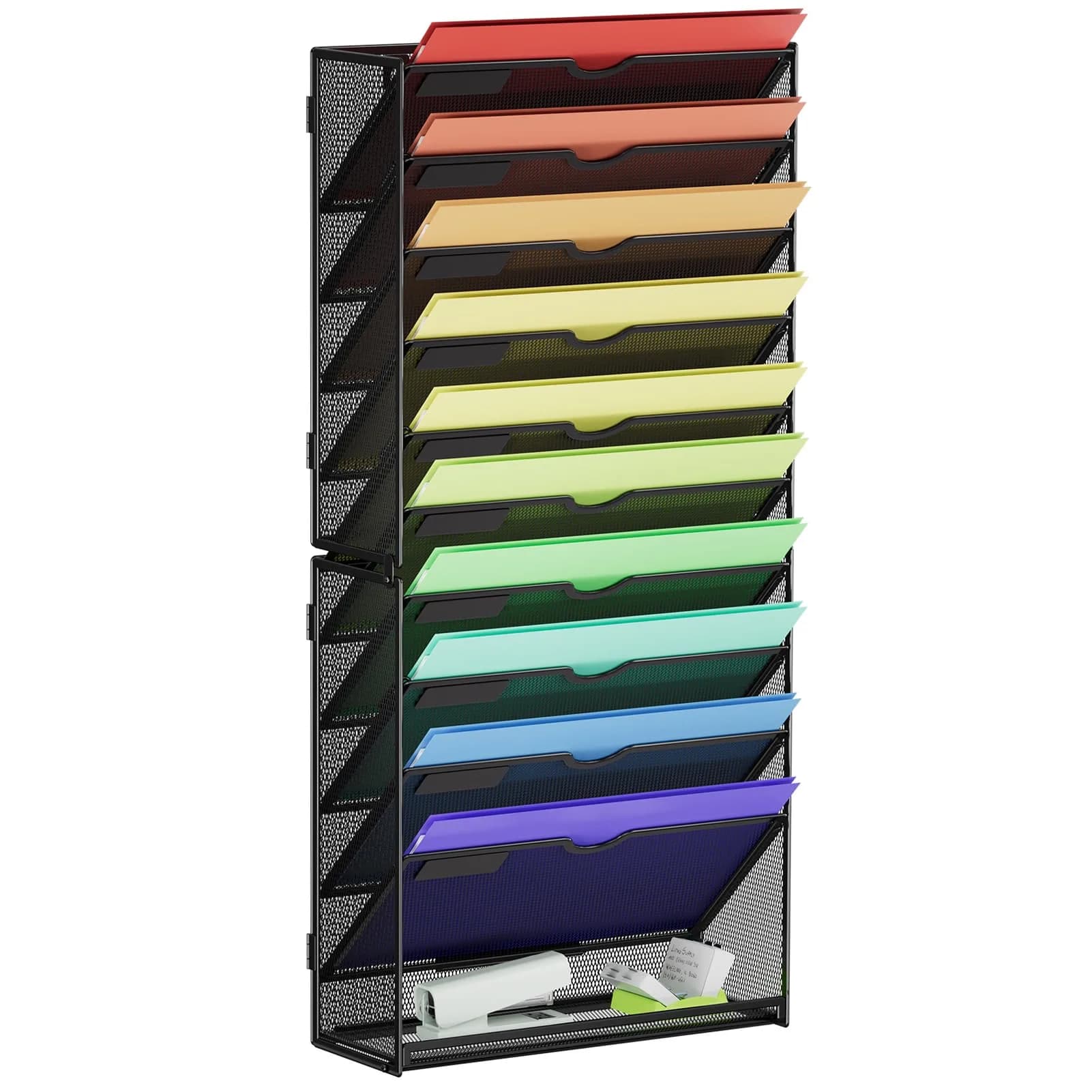 Marbrasse 11-Tier Hanging Wall File Organizer Pink | Metal Mesh Document Holder for Office & Home — Dark Black
